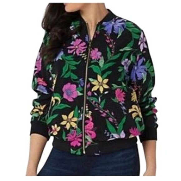 Susan Graver Bomber Jacket XL Floral Multicolor Pockets Casual City Athleisure - Picture 1 of 6